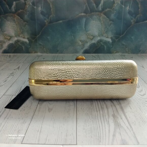 3-Way Gold Clutch Evening Bag Solid Handle Crystal Latch Removable Chain Strap - Picture 5 of 8